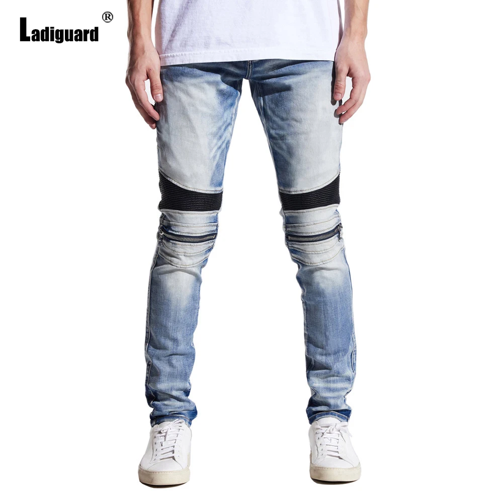Plus size 38 Men Jeans Demin Pants Autumn Trendy 2022 New Patchwork Male Sexy Jean Trousers Pleated Slim Bottom Skinny Pant