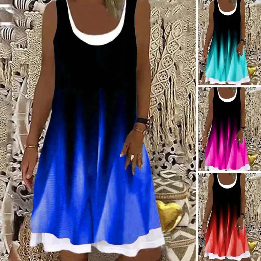 

Lightweight Stylish Round Neck Tank Dress Fake Two Piece Women Dress Elastic for Dating