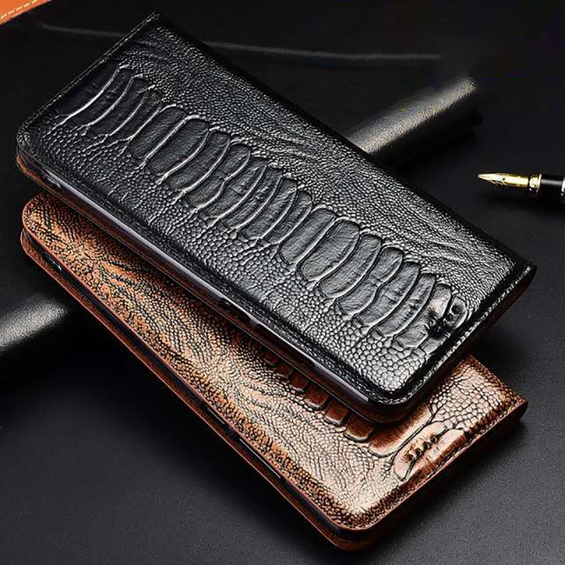 

Luxury Genuine Leather Case For OPPO A31 A32 A33 A53 A54 A55 A36 A76 A11S Ostrich Veins Flip Cover Full Coverage Wallet Case