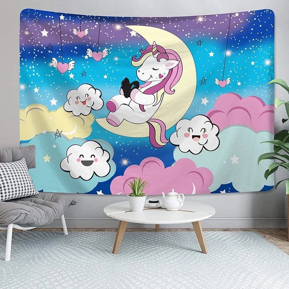 

3D Cartoon Unicorn Tapestry Cute Pink Stars moon Clouds Starry Pattern Tapestries Girls Bedroom Living Room Decor Wall Hanging