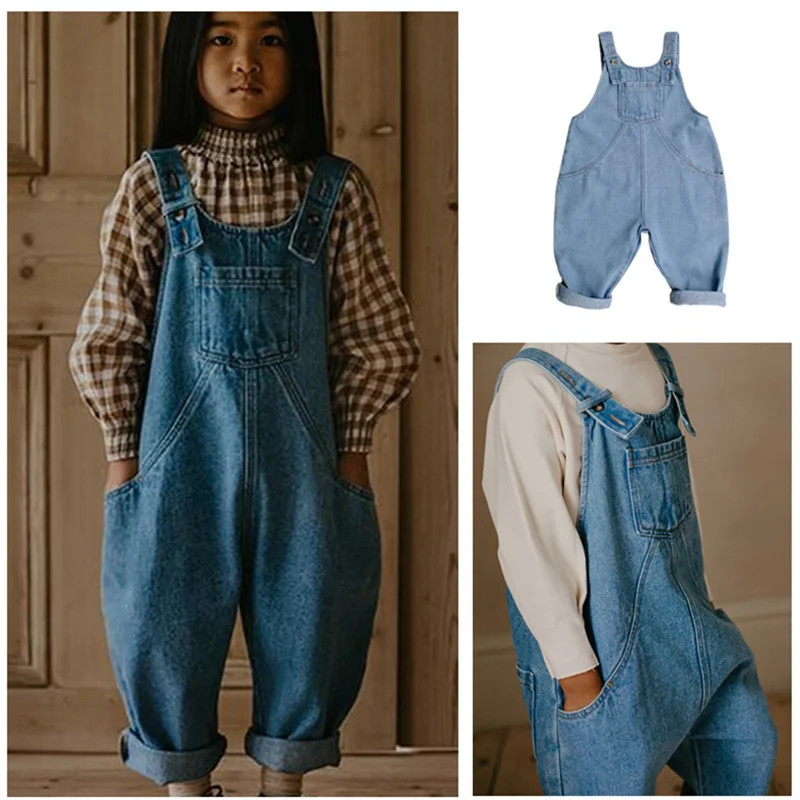

Джинсовый комбинезон для малышей, милые осенние брюки из денима в фольклорном стиле для мальчиков и девочек, джинсовая одежда, брюки для дет...