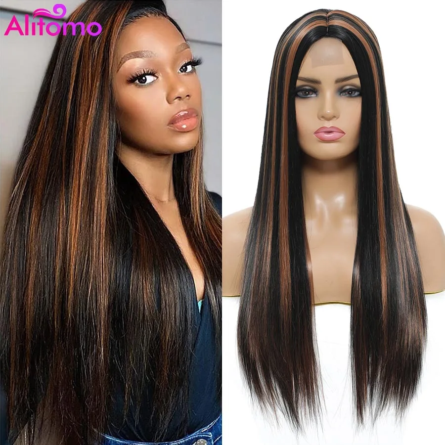 

Alitomo Long Straight Highlights Wig 26 Inch Synthetic Wigs for Women Girls Middle Part Black Brown Hair Wigs Natural Looking
