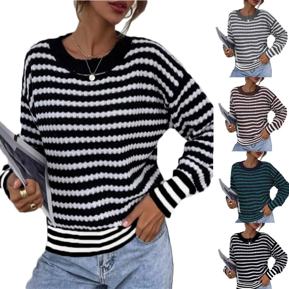

Women Casual Pullover Outwear Sweatshirt Striped Printed Crew Neck Ladies Long Sleeves Casual Wearing Shirt Tops Clothes