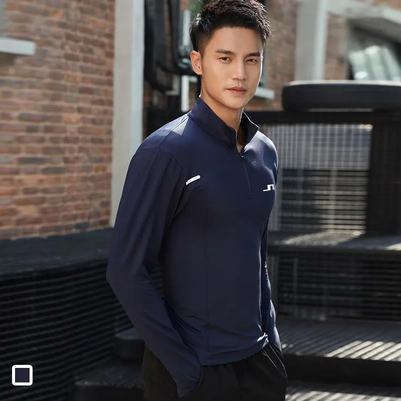 Men Golf Thin Zip Mock Collar Outdoor Running Quick Dry Men's T-Shirt Long Sleeve Fitness Shooting Training Shirt Gym
