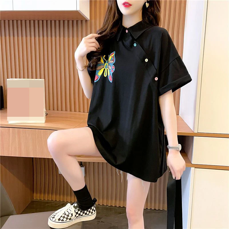 2022 summer new style short sleeved t-shirt women's Korean  lapel foam print top fashionable large women's  tops women