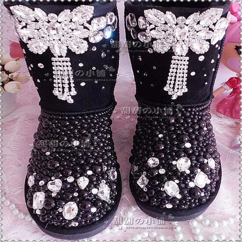

Handmade custom DIY butterfly black pearl full drill rhinestone snow boots short boots comfortable gem snow boots 35-44