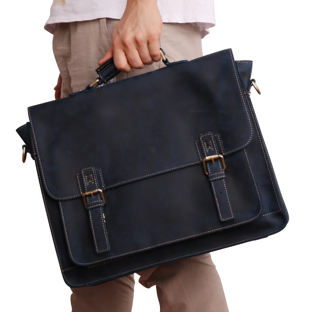 

Highend Blue Brown A4 Genuine Crazy Horse Leather Office Men Briefcase Male Portfolio 15.6'' Laptop Business Messenger Bag M515