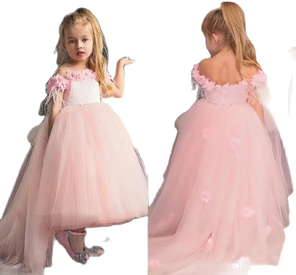 

New Cute Hi-lo Blush Pink Girl's Pageant Dresses Lace Flowers Puffy Ruffles Organza Skirt Wedding Flower Girls' Ball Gowns