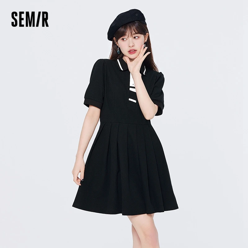 

SEMIR Dress Women Hit Color Polo dress Salt Sweet College Style 2022 Summer New Puff Sleeve Pleated Dresses Retro