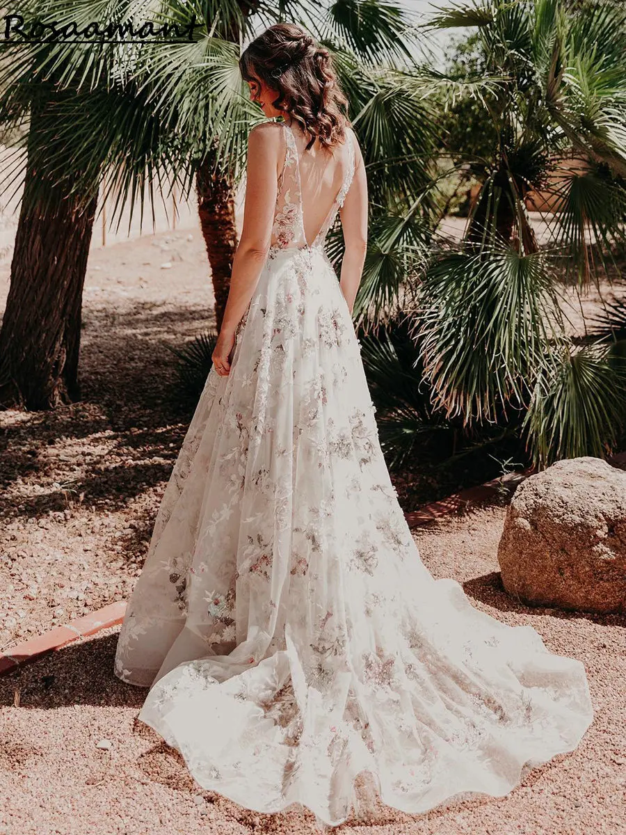 

Роскошные свадебные платья-трапеции с жемчужинами и 3D цветочным кружевом и V-образным вырезом