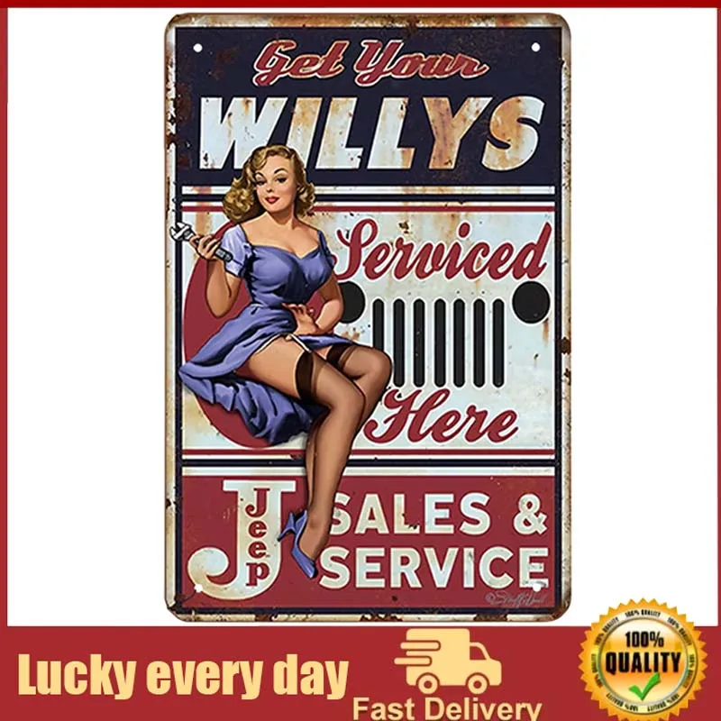 

Swono Get Your Willys Tin Signs,Pin Up Girl Serviced Here Vintage Metal Tin Sign For Men Women,Wall Decor for Bars,Restaurants