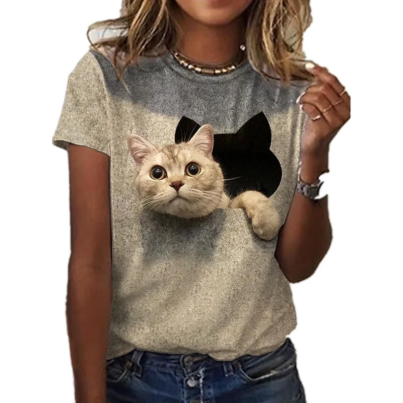 

Animal koci wzór wokół szyi Outdoor Casual Street Style modny damski T-Shirt w za dużym rozmiarze Top nowe lato