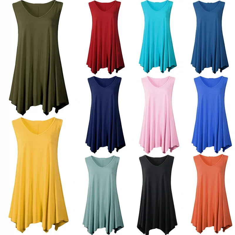 

Large women's wear medium length knitted vest T-shirt V-neck solid dress