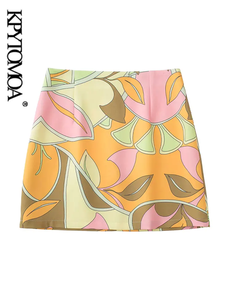 

KPYTOMOA Women Fashion Printed A Line Mini Skirt Vintage High Waist Side Zipper Female Skirts Mujer