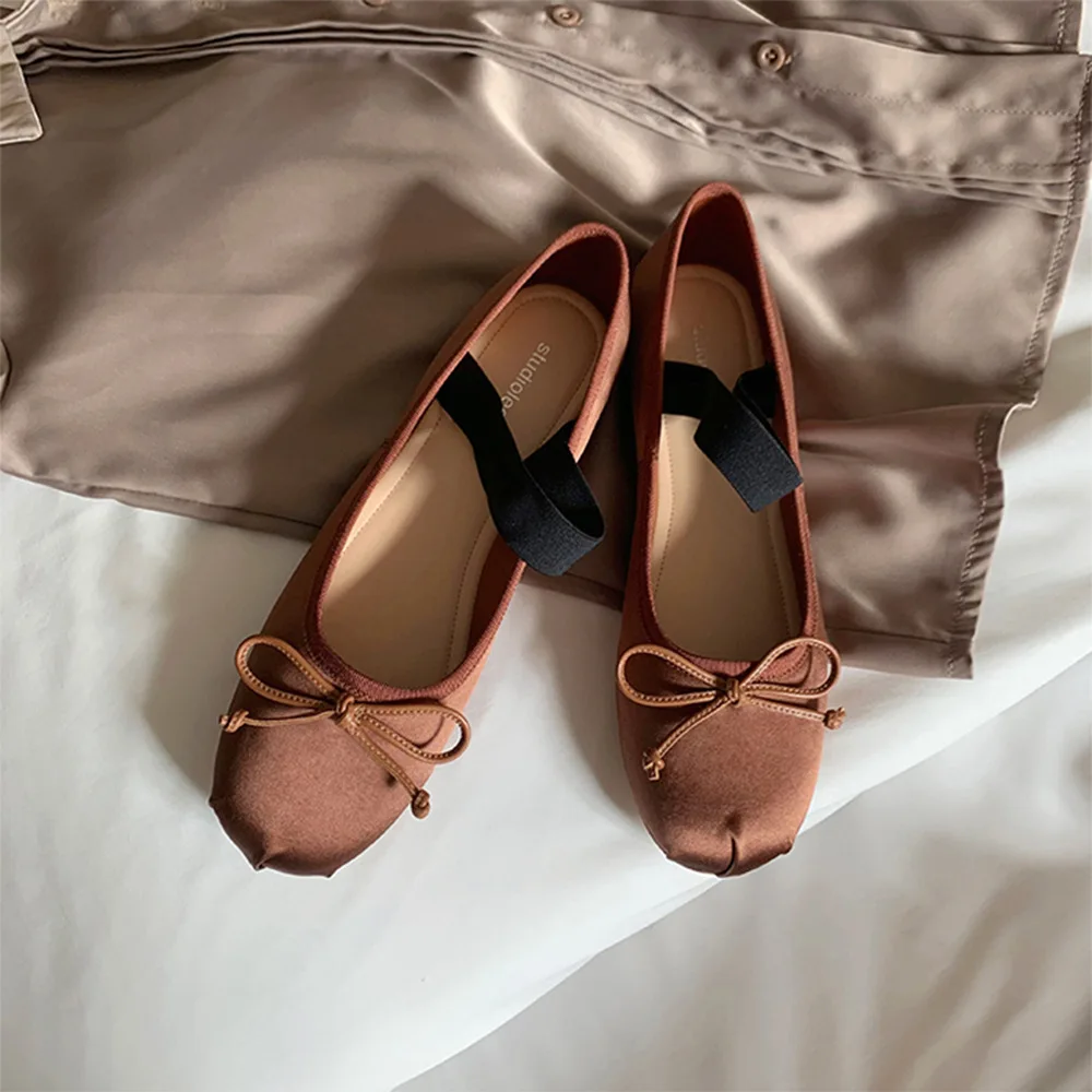 French Rretro Bow Shoes for Ballet Flats French Ballerina ballet Flats women's soft Satin Silk shallow cross straps Belt Elastic