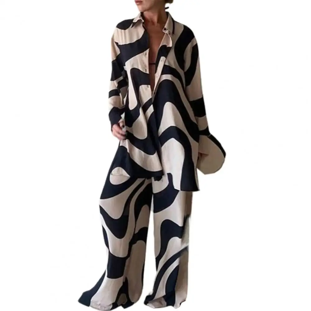 

2 Pcs/Set Women Outfit Elegant Long Sleeves Summer Stripe Print Contrast Color Women Tops Pants Set Two Piece Suits Streetwear