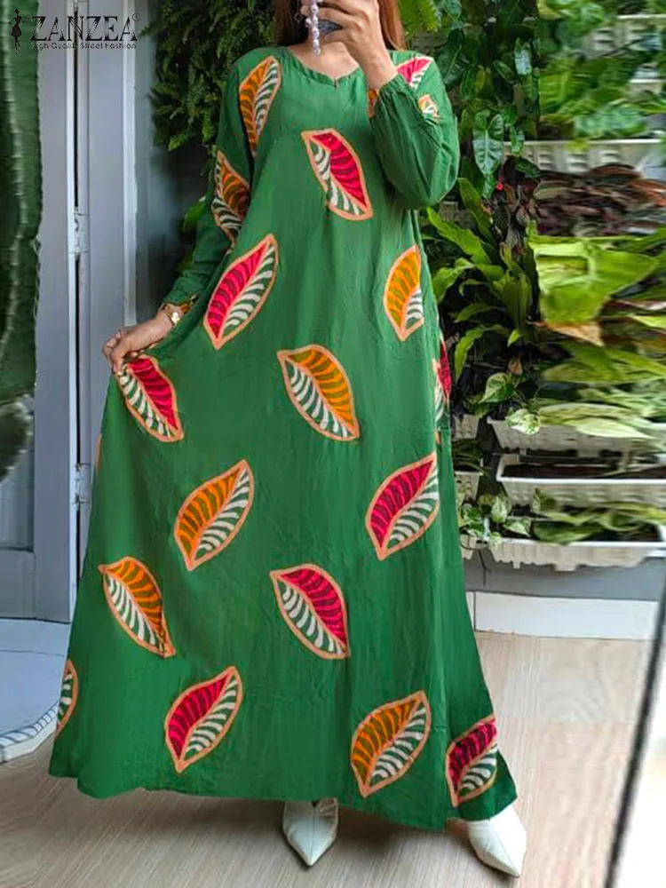 

Платье ZANZEA женское длинное с принтом листьев, модное богемное повседневное свободное Макси-платье с длинным рукавом-фонариком, с V-образным ...