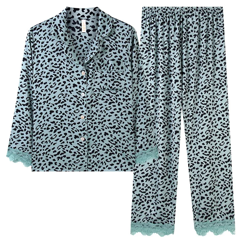 Women's Pajamas Summer Ice Silk Long Sleeve Spring/Summer Thin 2022 New Leopard Print Silk Summer Loungewear Suit