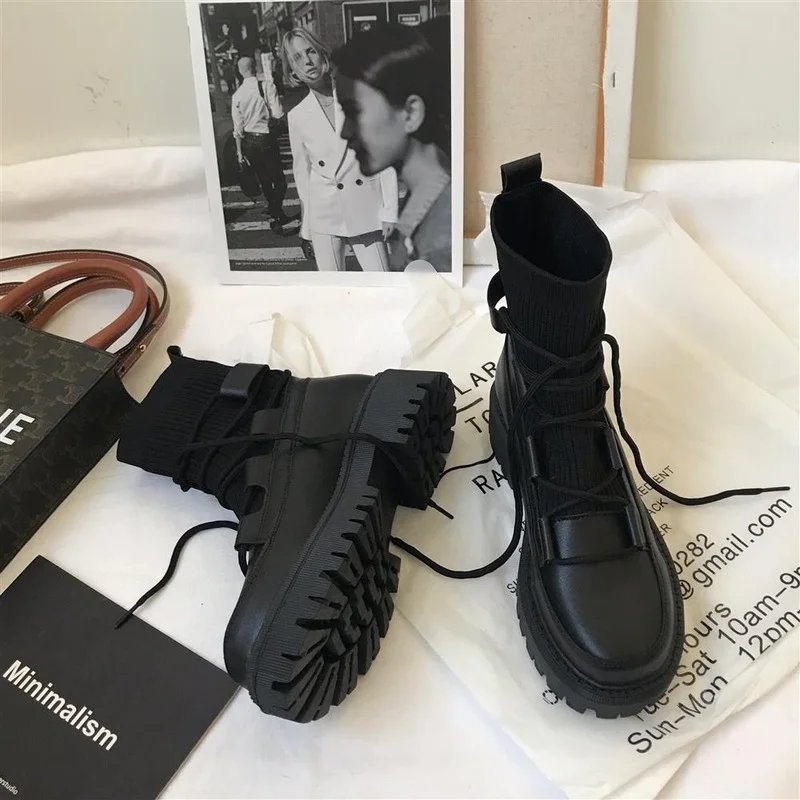 

Женские мотоциклетные ботинки, новинка 2022, Женские повседневные эластичные тканевые ботинки-носки, модная женская обувь с перекрестной шнуровкой, ботинки на платформе в готическом стиле