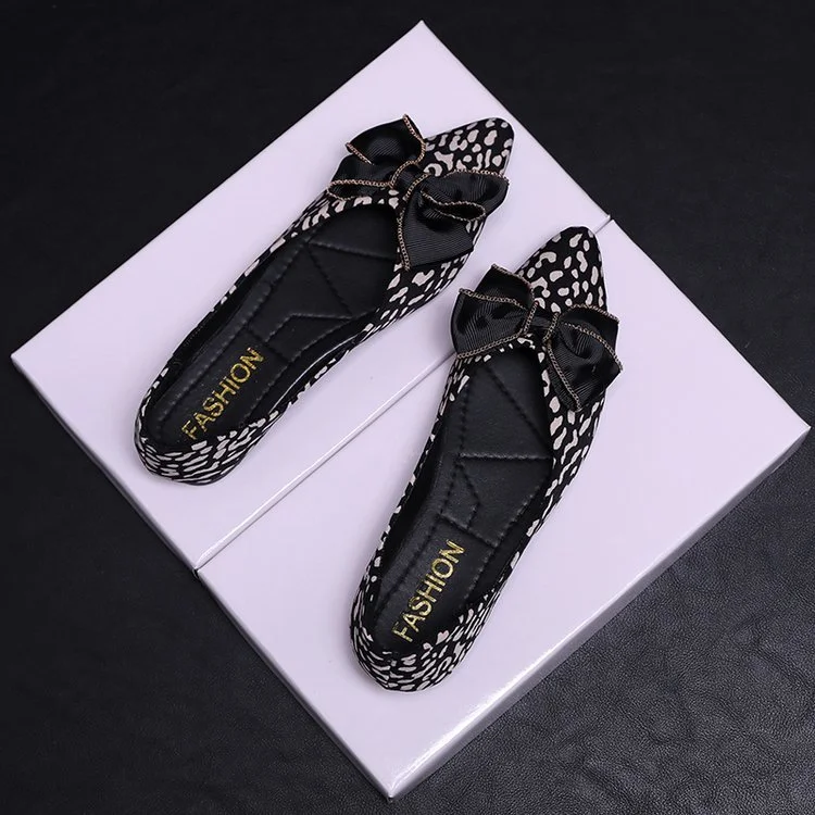 

2022 New Women's Shoes Low-Cut Shoes Spring Simple Temperament Leopard Pointed Toe Flat Pumps Gentle Shoes Bow Fashionable Shoes