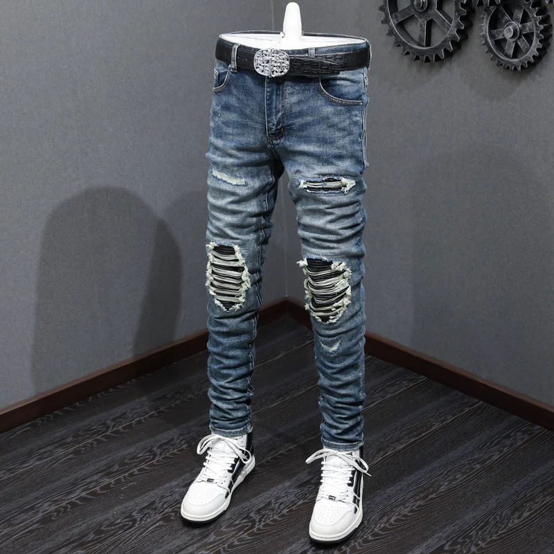 Street Fashion Men Jeans Retro Dark Blue Stretch Elastic Skinny Ripped Jeans Men Leather Patched Designer Hip Hop Brand Pants