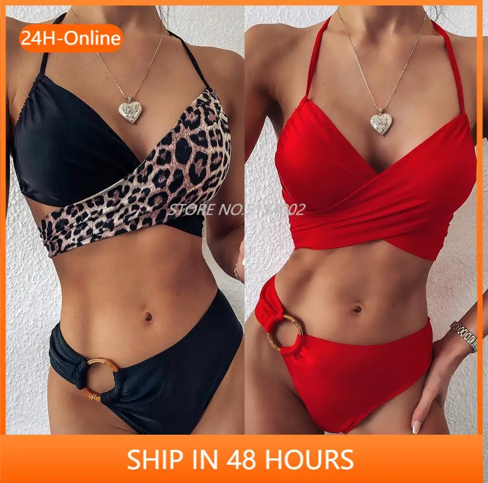 

High Quality Red Black Leopard Bikini 2021 New Sexy Women Bandage Bodysuit Biquini Evening Bodycon Party Jumpsuits