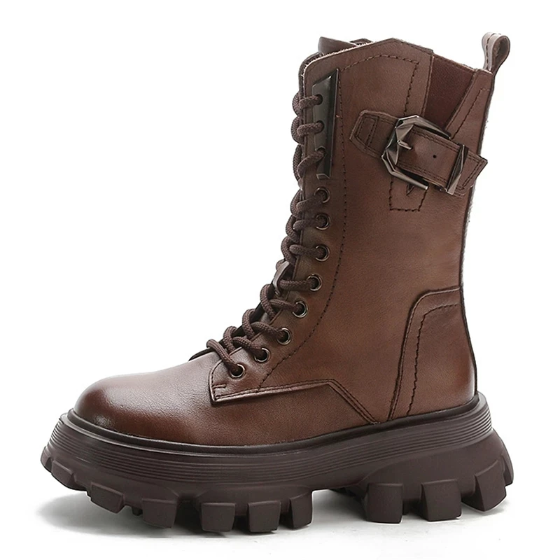 

Женские ботинки из натуральной кожи, черные ботинки с высоким берцем и плюшевой подкладкой, в стиле ретро, зима 2022