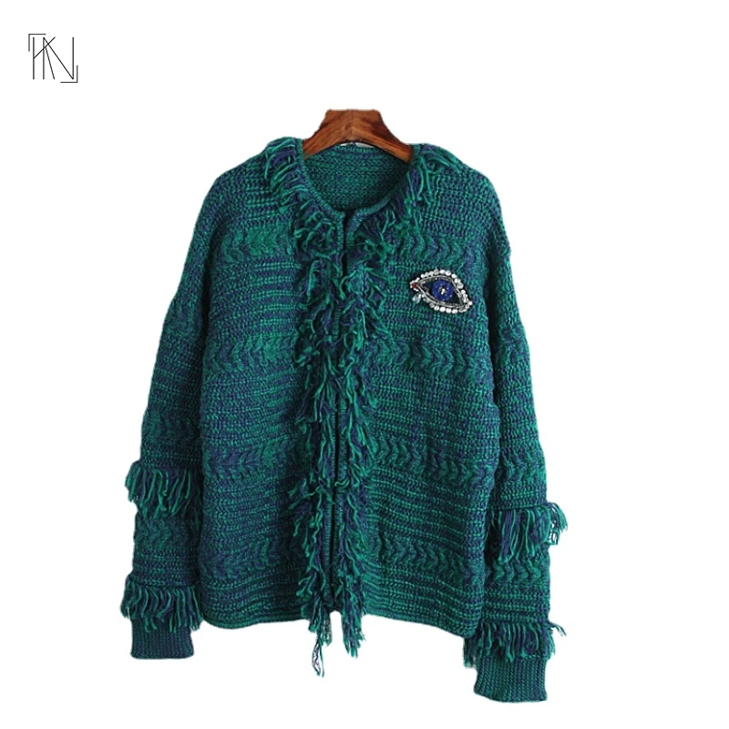 Colour Blocked Wool Studded Eyes Long Sleeve Knitted Cardigan 2022 Autumn New Women French Tassel Round Neck Loose Jacket Jumper