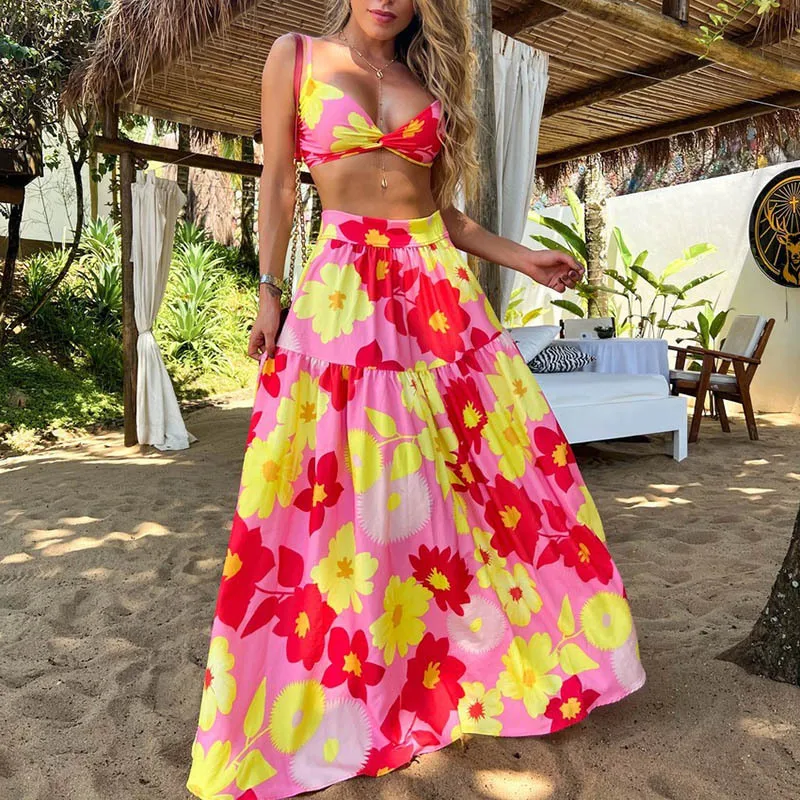 

Женский элегантный комплект Mandylandy из двух предметов с цветочным принтом, Модный укороченный топ на бретельках Y2K + юбка с высокой талией, нар...