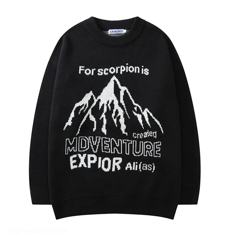 

Harajuku Handsome Pullover Oversized Hip Hop Mountain Letter Print Men Women Knitted Sweater Long Sleeve Tops pull homme