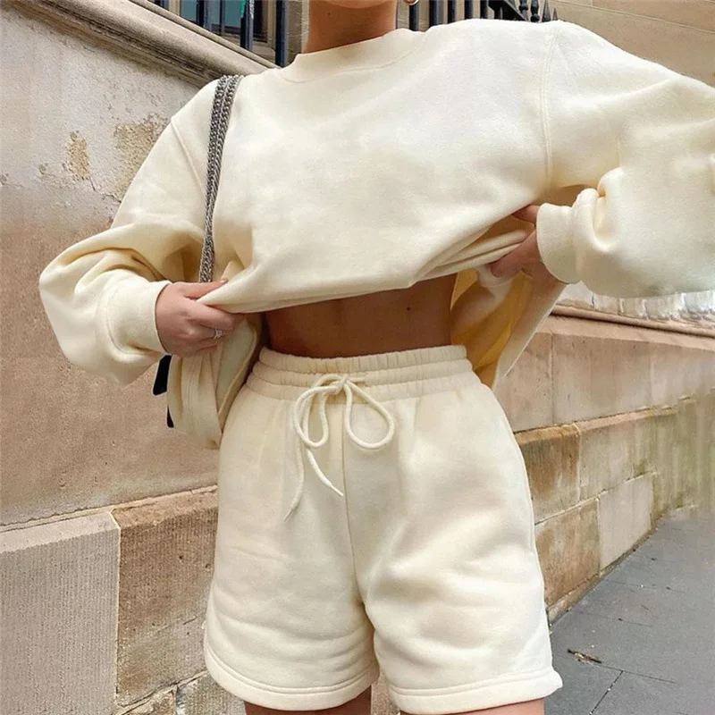 

Loose Shorts Hoodies Two Piece Set For Women Solid Color Casual O-neck Long Sleeve Sportwear Suit Fashion Street Women Outfit