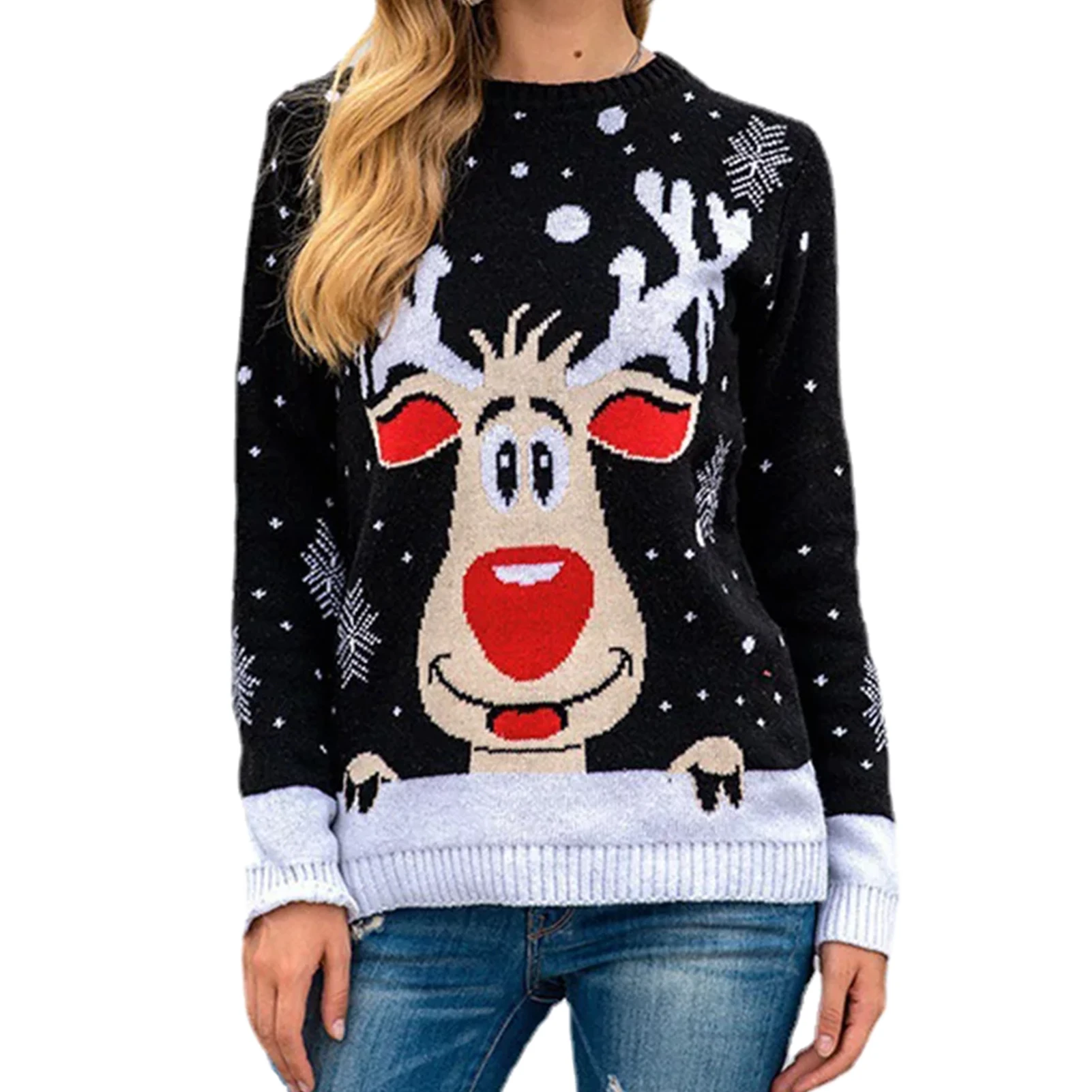 

Gift Daily Pullover Jacquard Women Knit Sweater Festival Bottoming Casual Crew Neck Fashion Autumn Winter Cute Christmas Fawn