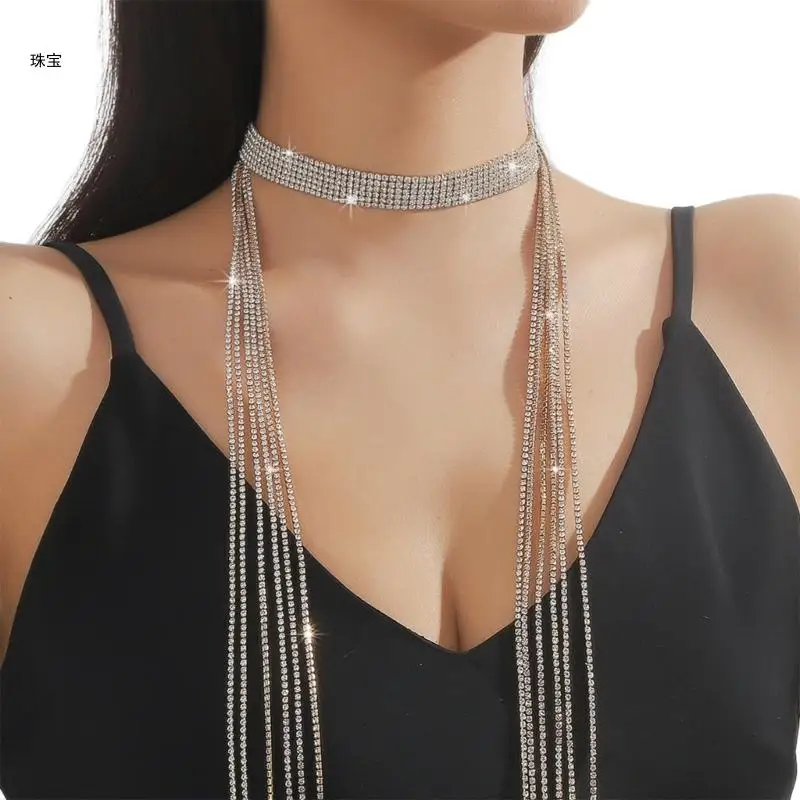 X5QE длинное колье в стиле панк для женщин шарф-цепочка со стразами костюм ночного