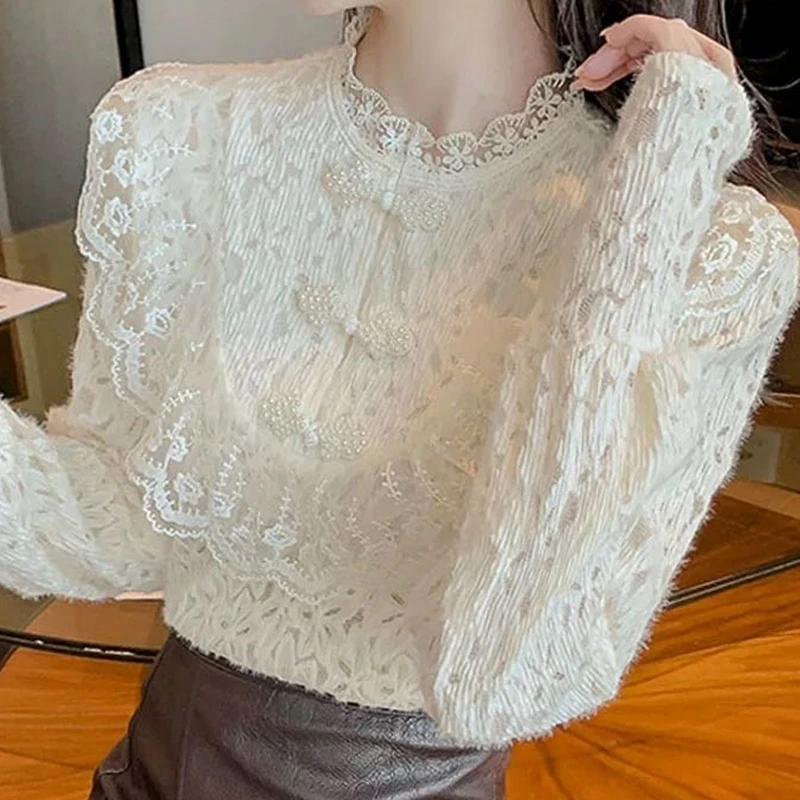 

Fashion Korean Lace Up Ruffled Blouses Women 2022 Autumn Sweet Clothes Stand Collar Ladies Tops Vintage Lace Shirts Women S9209
