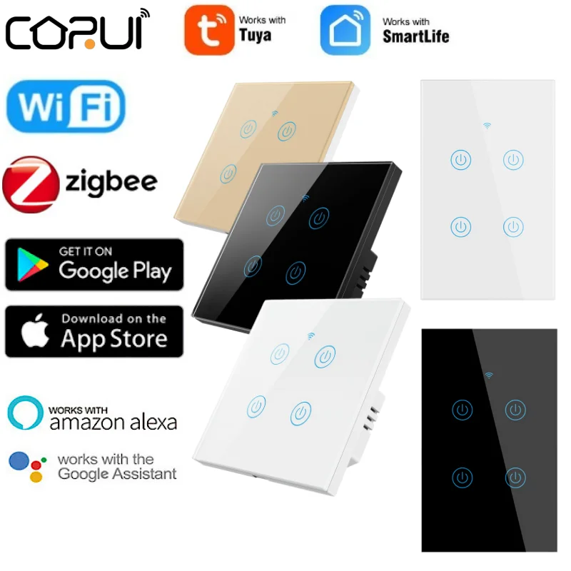 

CORUI Tuya WiFi ZigBee US EU Smart Touch Switch 1/2/3/4 Gang Wall Button Works With Smart Life APP Alexa Google Home Assistant