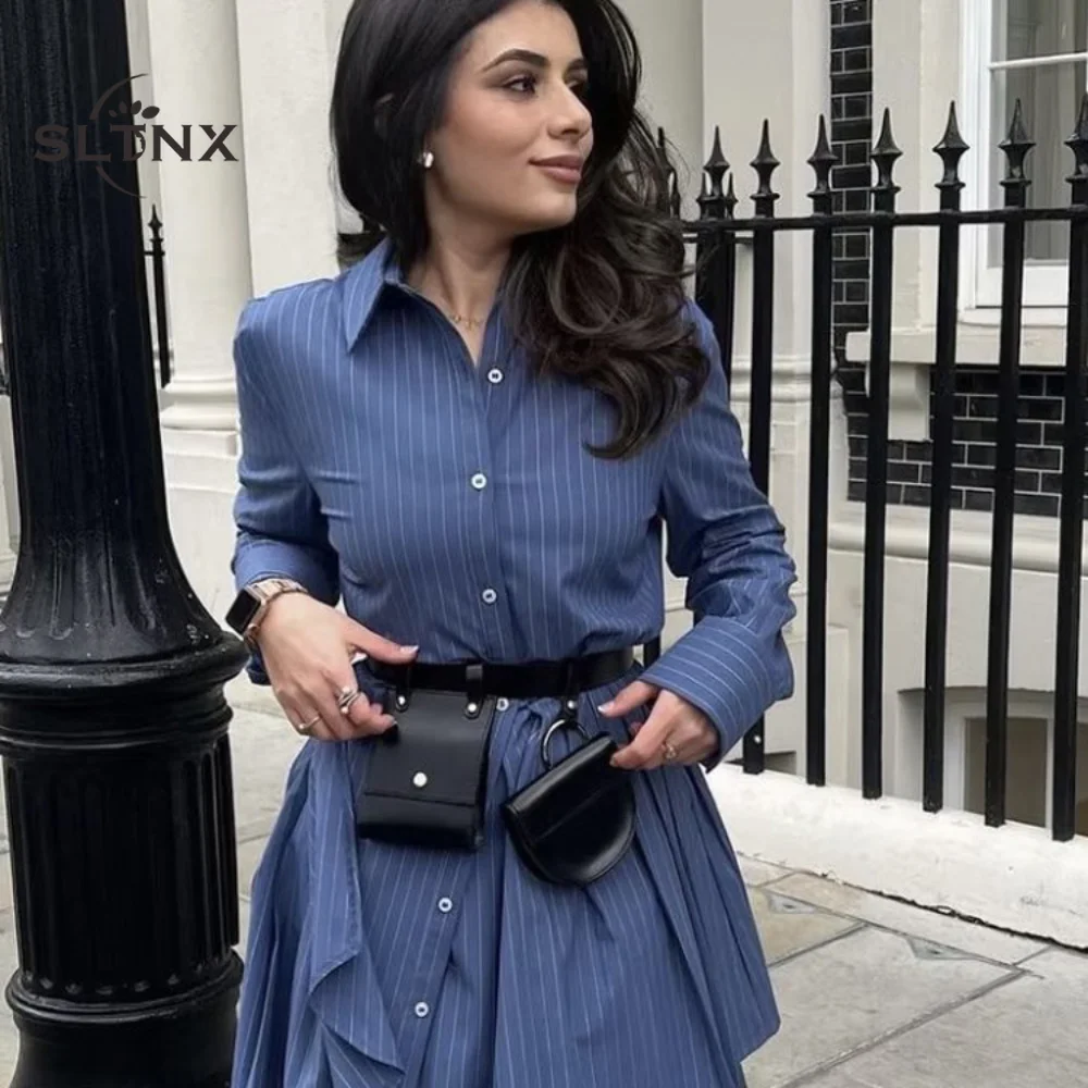 

Летнее повседневное мини-платье SLTNX, модные полосатые платья-рубашки для женщин, женские плиссированные трапециевидные платья, женское платье