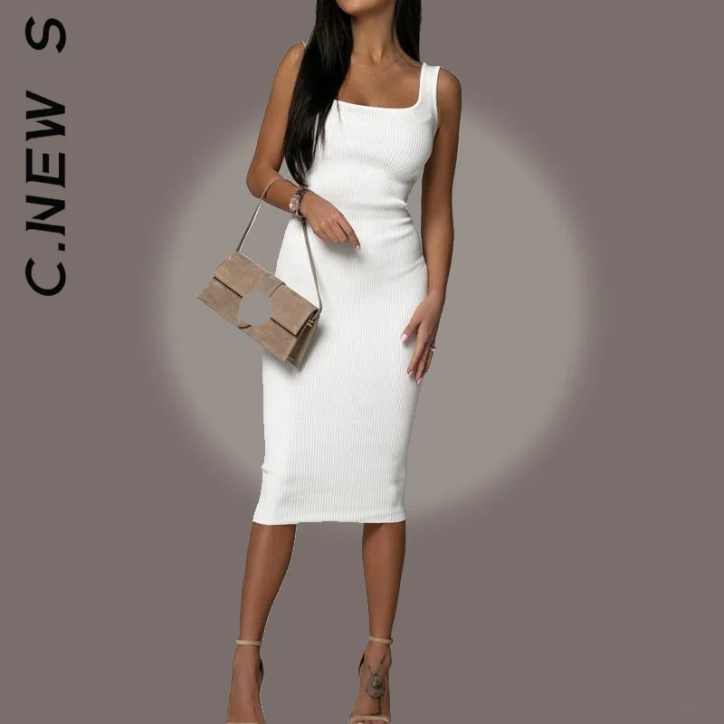 

Женское трикотажное платье-миди без рукавов, в черном и белом цвете