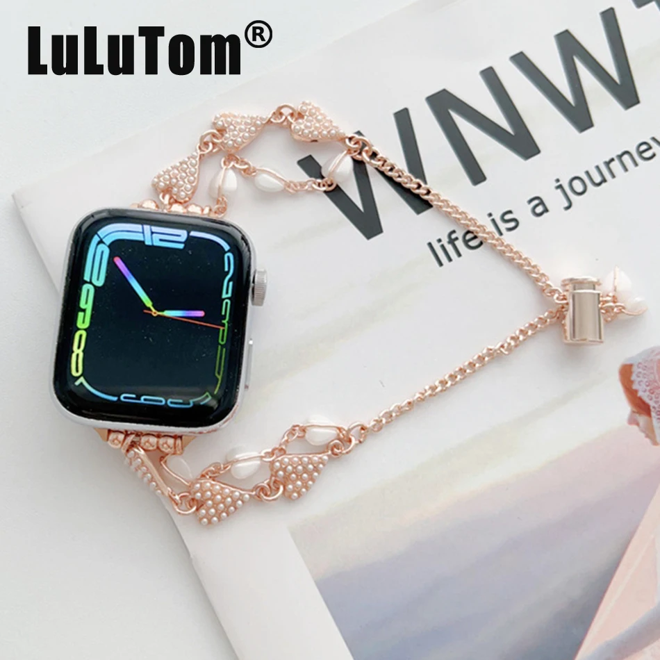 

Metal Strap For Apple Watch UItra 8 7 49mm 45mm 44mm Band Luxury Pearl Love Bracelet For iWatch Series 6 5 SE 4 3 42mm 40mm 38mm
