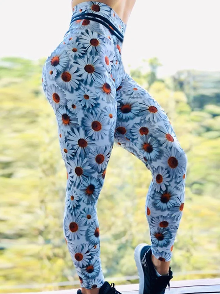 Chrysanthemum Print High Waist Push Up Gym Leggings Women Fashion Sport Leggins Skinny Stretch Fitness Jegging Drop Shipping