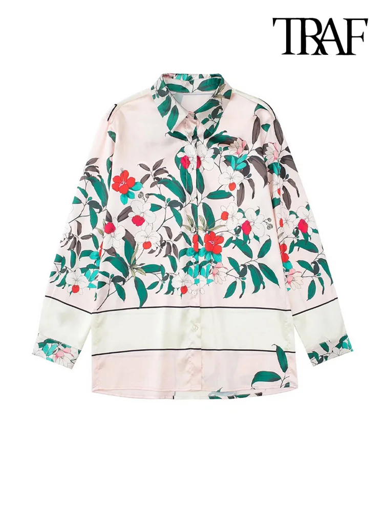 

TRAF Women Fashion Floral Print Loose Satin Shirts Vintage Long Sleeve Button-up Female Blouess Blusas Chic Tops