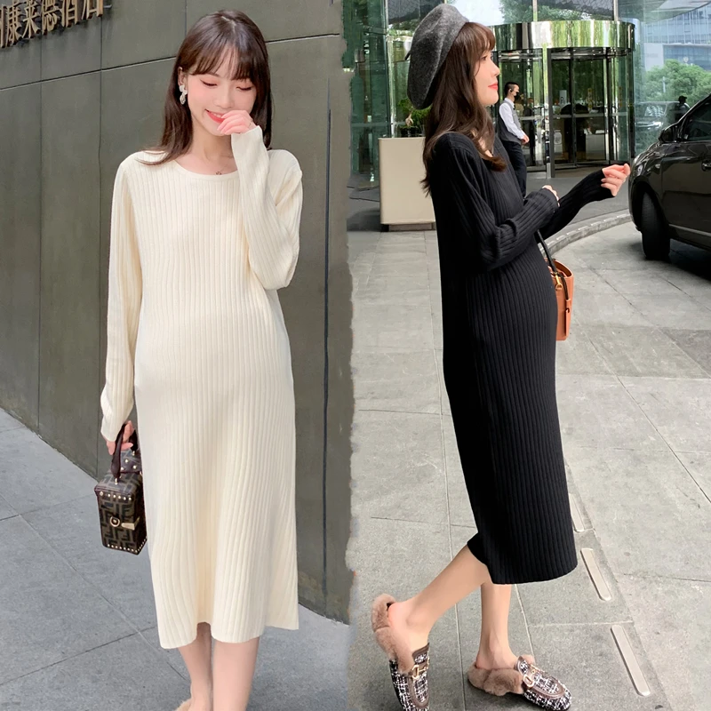 

M09 # осенне-зимние вязаные длинные свитера для беременных свободное прямое платье Одежда для беременных женщин Повседневная Послеродовая о...