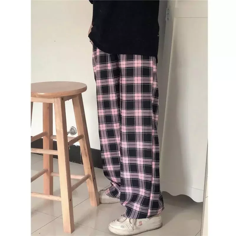 and pink Plaid pants New Women Casual Loose Wide Leg Trousers Ins Retro Teens Straight Trousers Hiphop Streetwear