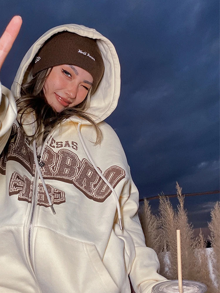 

Retro Lettered Print Outer 2022 Autumn Winter Women Sweatshirts Drawstring Tie Up Ladies Hooded Pullover American Style Vintage