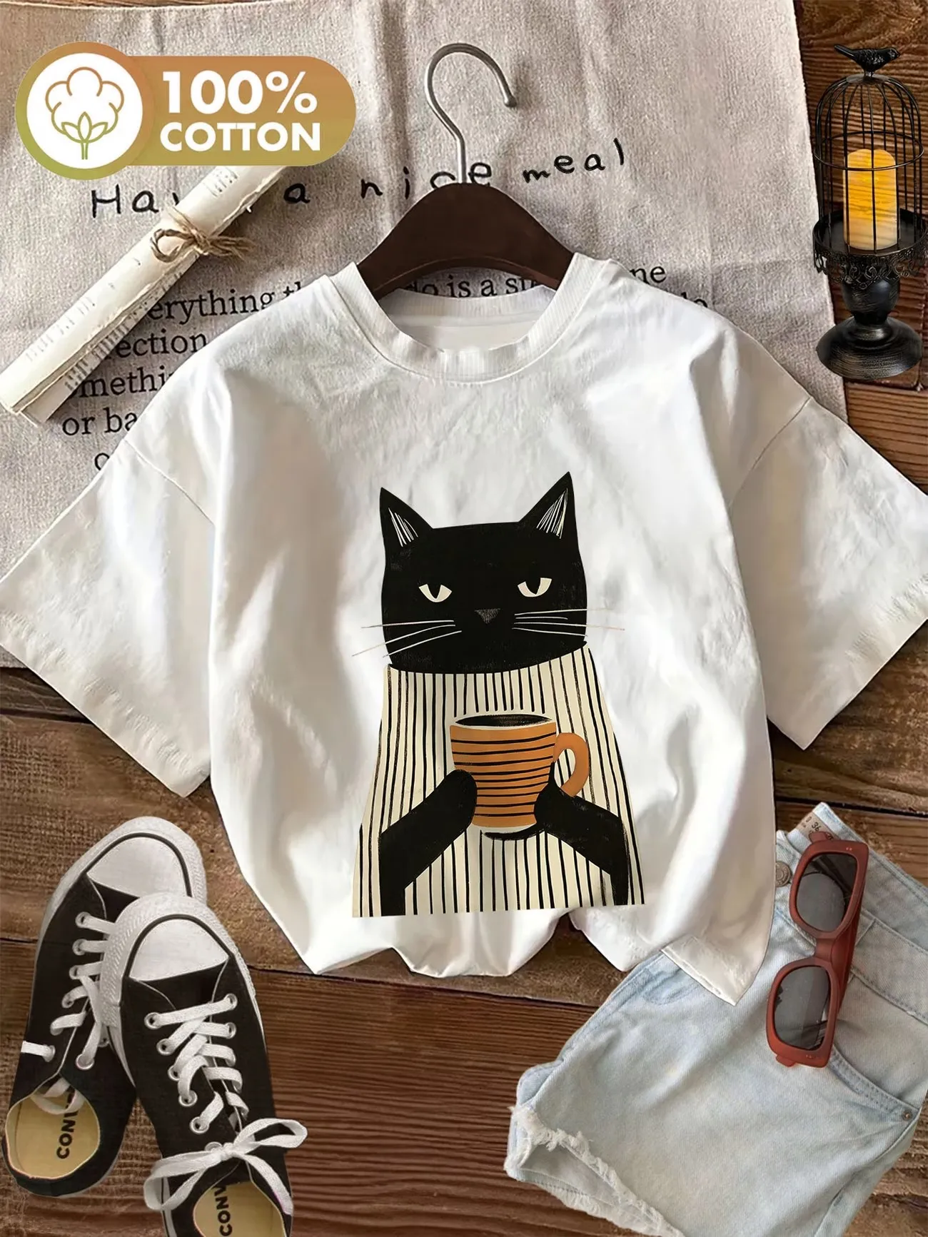 Фото Женская футболка из 100% хлопка с милым черным котом и кофе, мягкая, с круглым вырезом, с коротким рукавом, оверсайз, забавная, модная №2