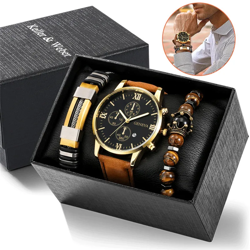 

Luxury Mens Quartz Analog Wrist Watch Luminous Hands Deco Sub-dial with 2pcs/set Bracelet Chain Best Gift Set to Lover Box