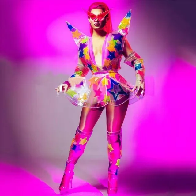 

Одежда для ночного клуба, диджея, праздничный наряд, одежда для сцены, красочное Прозрачное платье из искусственной кожи со звездами, костюмы для танцев на шесте и ГОГО