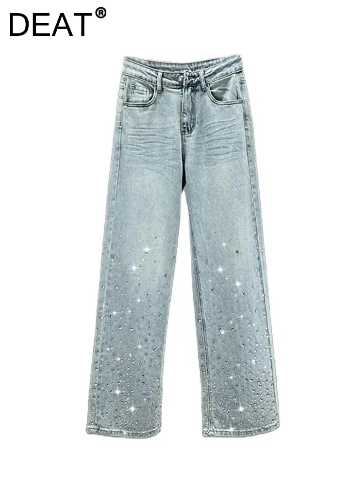 Женские джинсы с высокой талией DEAT прямые брюки из голубого денима широкими