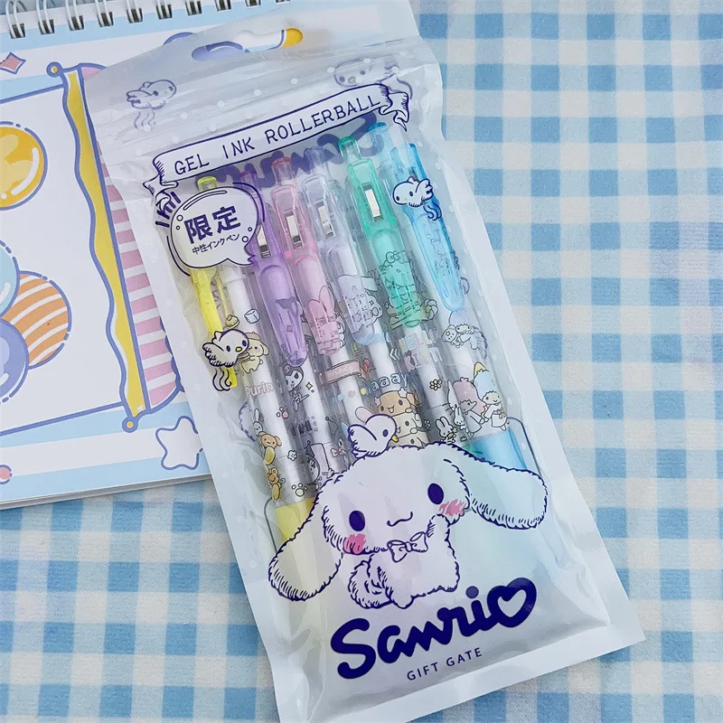 6Pcs/Set Sanrio Series Pen Hello Kitty Kuromi Melody Cartoon Print Gel Pen Kawaii Stationeries 0.5mm Press Pen Girl School Pen