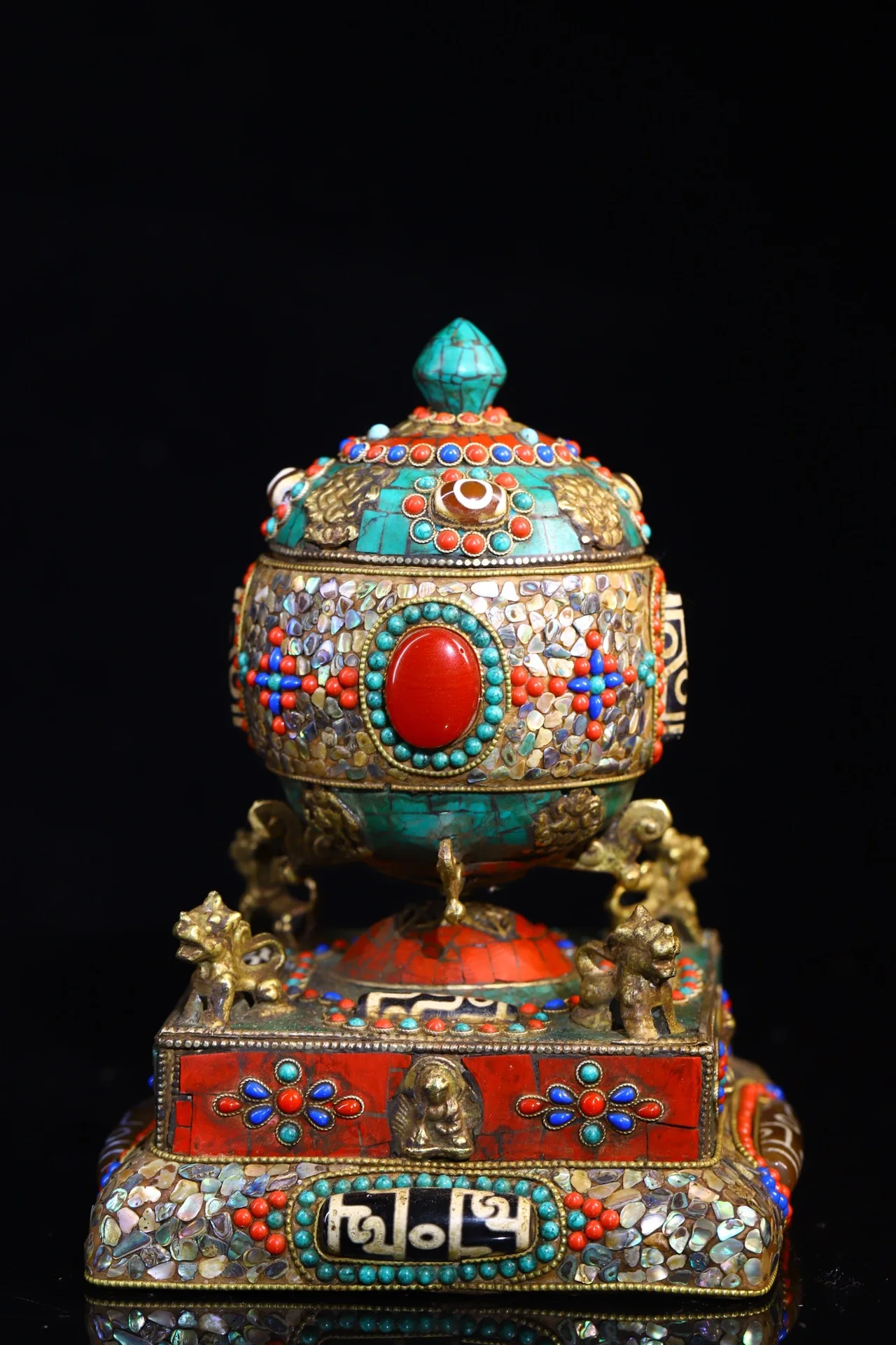 

8"Tibetan Temple Collection Old Bronze Mosaic Gem gZi Beads shell Four sided divine beast Prayer Wheel scripture Dharma