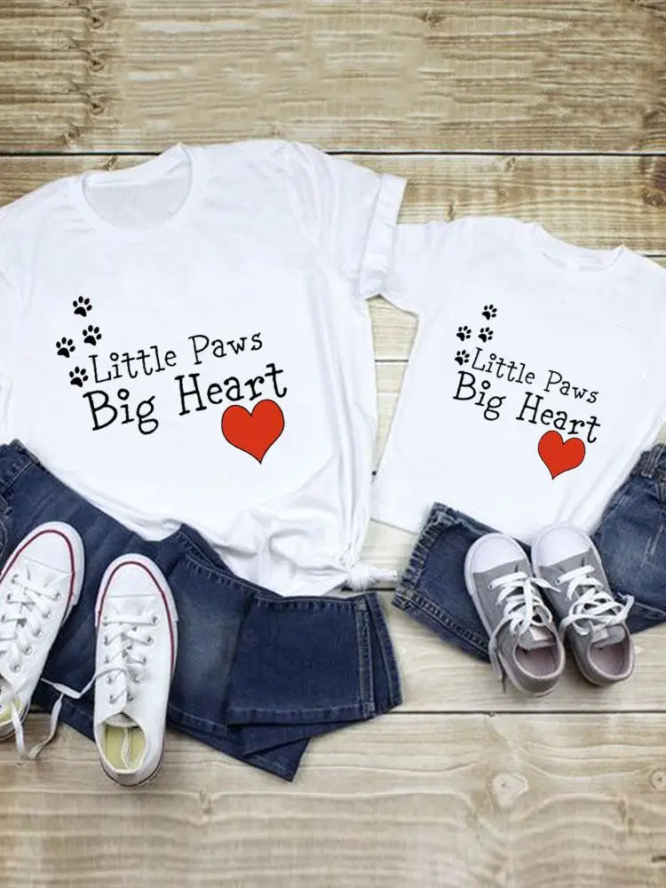 

Love Heart Trend Dog Cat Paw Tee Family Matching Outfits Women Kid Child Summer Mom Mama Mother Graphic T-shirt Clothes Clothing